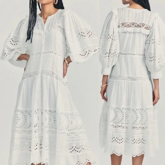 LoveShackFancy Womens Titania Midi Dress Sz 0 White Eyelet Embroidered Romantic - Picture 2 of 11